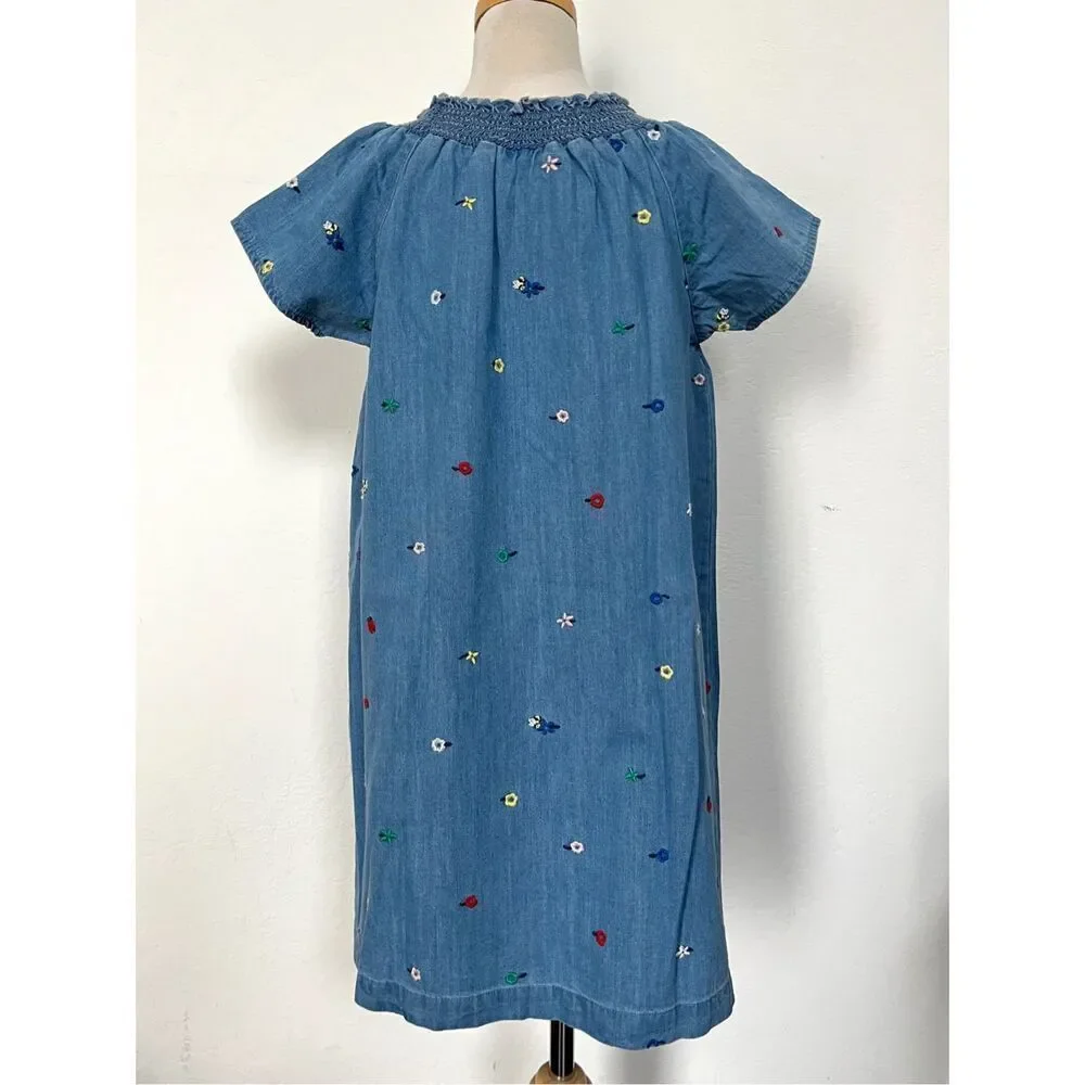 Hanna Andersson Girls 8 (130) Flower Embroidered Chambray Denim Dress